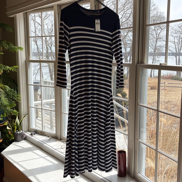 New Ralph Lauren - Large & XL Navy & White Striped Long-Sleeve Fit & Flare Dress - Picture 4 of 5
